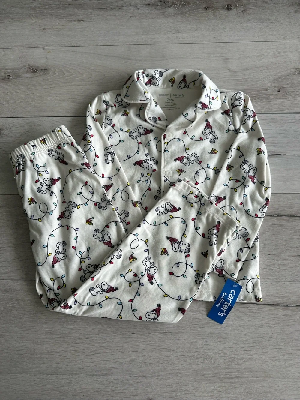 Carters Peanuts Snoopy Print Fleece Long Sleeve Loose Fit PJ Set White NWT
